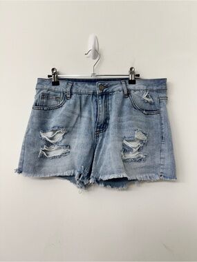 Light Blue Distressed Denim Shorts - Women